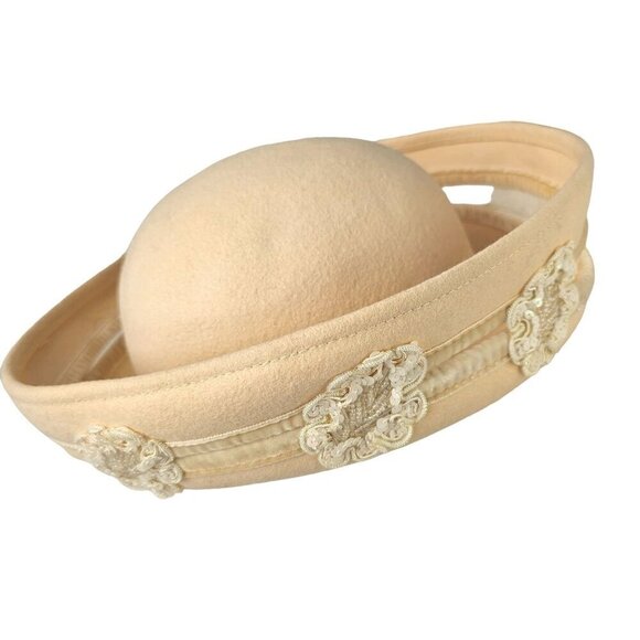 Deborah NY Accessories - Deborah NY 70s White Wool Crown Hat Embellish Beaded Sequined Applique Womens OS